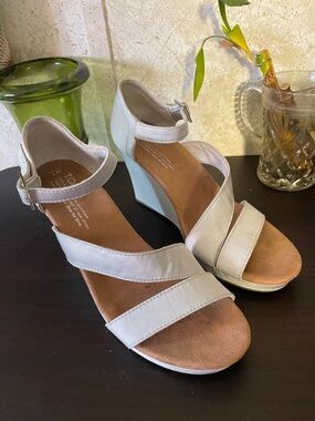 Toms Silverish Clarissa Strappy Fabric Wedge Sandals with Ankle Strap